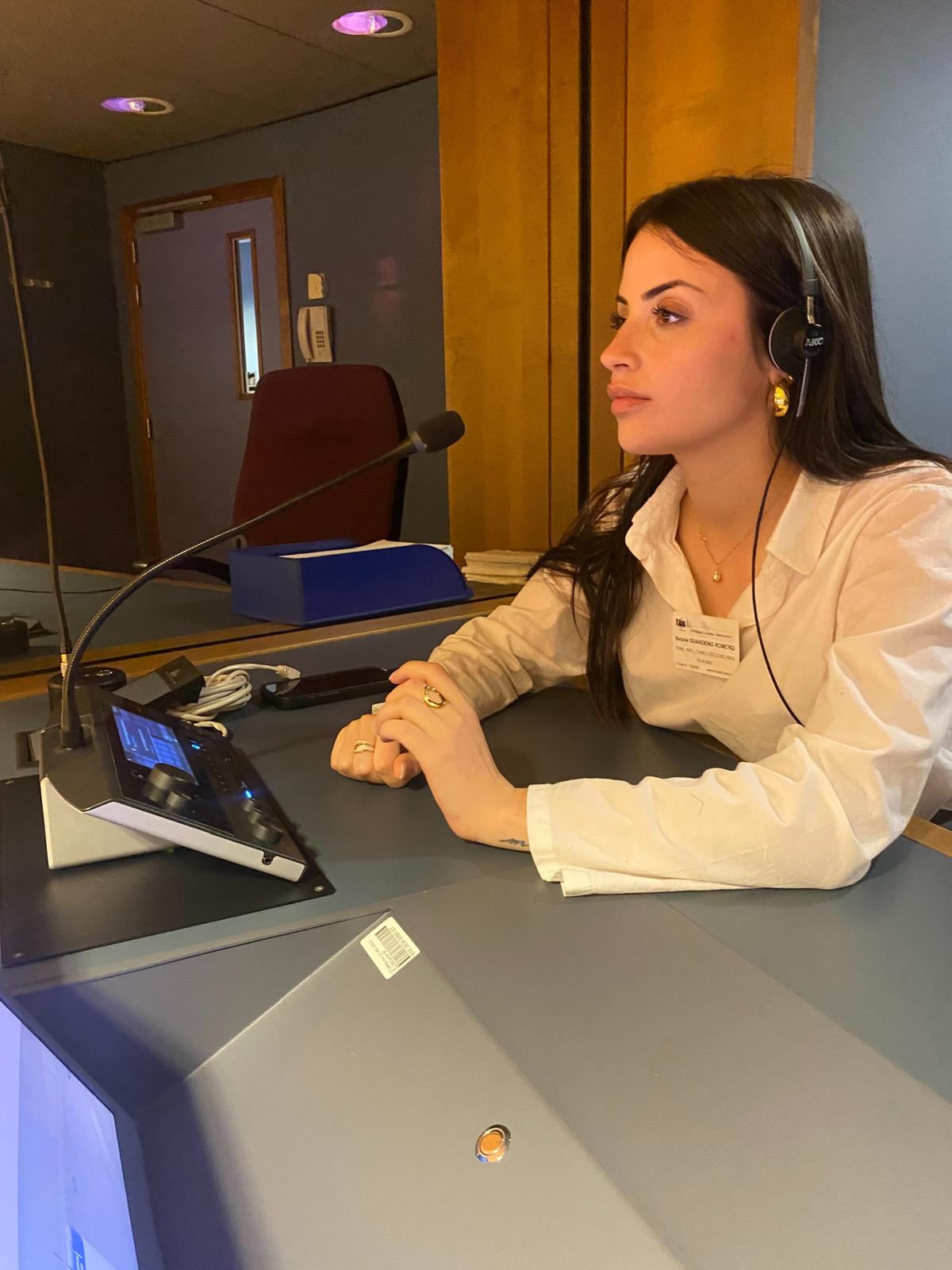 Interpreting from a simultaneous booth at the European Parliament, Brussels